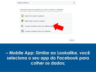 – Mobile App: Similar ao Lookalike, você
seleciona o seu app do Facebook para
colher os dados;
 