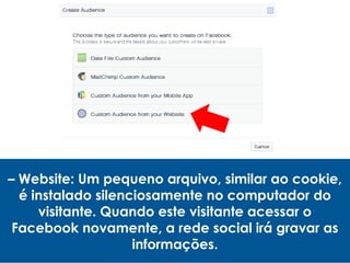 – Website: Um pequeno arquivo, similar ao cookie,
é instalado silenciosamente no computador do
visitante. Quando este visitante acessar o
Facebook novamente, a rede social irá gravar as
informações.
 
