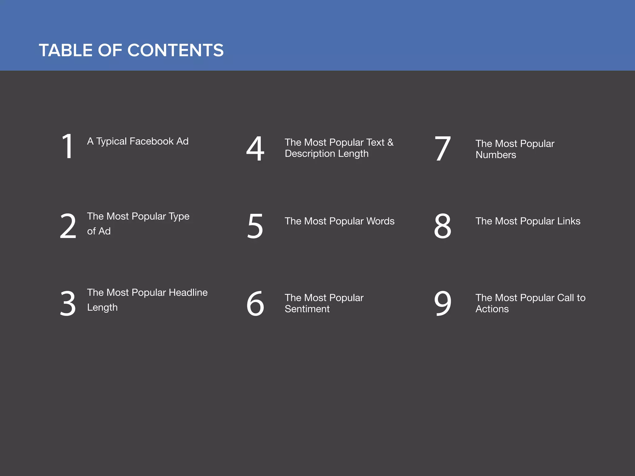 2
TABLE OF CONTENTS
2 The Most Popular Type
of Ad
3
The Most Popular Headline
Length
5 The Most Popular Words
8 The Most Popular Links
6 The Most Popular
Sentiment 9 The Most Popular Call to
Actions
4 The Most Popular Text &
Description Length 7 The Most Popular
Numbers1 A Typical Facebook Ad
 