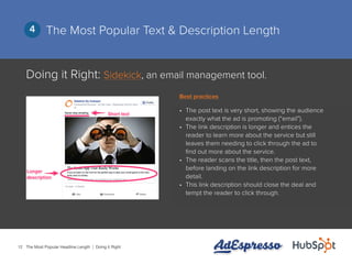 12
The Most Popular Text & Description Length4
Doing it Right: Sidekick, an email management tool.
•	 The post text is ver...