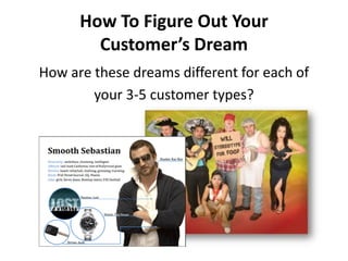 How To Figure Out Your
        Customer’s Dream
How are these dreams different for each of
        your 3-5 customer types?
 