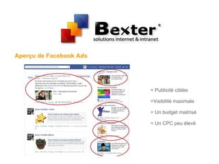 Aperçu de Facebook Ads
= Publicité ciblée
=Visibilité maximale
= Un budget maitrisé
= Un CPC peu élevé
 