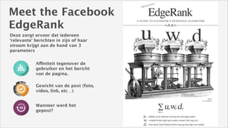 Meet the Facebook  
EdgeRank
Deze zorgt ervoor dat iedereen
‘relevante’ berichten in zijn of haar
stroom krijgt aan de hand van 3
parameters
Affiniteit tegenover de
gebruiker en het bericht
van de pagina.
Gewicht van de post (foto,
video, link, etc…)
Wanneer werd het
gepost?

 