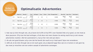 Budget en
optimalisatie

Optimalisatie Advertenties

1. Kijk naar je click through rate, als je boven de 0,03% zit bij CPC’s voor Standard Ads zit je goed, zo niet moet je
deze pauzeren. Of je kan het bod verhogen, of als deze niet meer draaien (te weinig reach) kan je ook nieuwe
advertenties inzetten. (Als het automatisch is, kan je hier niet veel aan doen.)
2. Als ads niet goed draaien zal je zien dat het bereik (de reach) en je ‘total spent’ bijna niet veranderen. 
3. Zelfs als zit de click through rate en de reach goed, als je objectief page likes zijn en er komen er ook geen bij
dan moet je misschien ook een andere aanpak of advertentie overwegen.

 