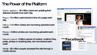The Power of the Platform Status updates:  40 million users are updating their statuses at least once each day. Pages : 10 million users became fans of a page each day. Videos : 14 million videos are now being uploaded each month. Photos : 2 billion photos are now being uploaded each month. Shared content:  2 billion pieces of content, whether links, posts, photos or anything else, are now shared each week  Mobile : 65 million people accessed the site through a mobile device. 