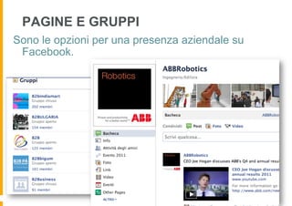PAGINE E GRUPPI
Sono le opzioni per una presenza aziendale su
 Facebook.
 