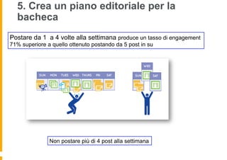 5. Crea un piano editoriale per la
  bacheca
Postare da 1 a 4 volte alla settimana produce un tasso di engagement
71% superiore a quello ottenuto postando da 5 post in su




               Non postare più di 4 post alla settimana
 