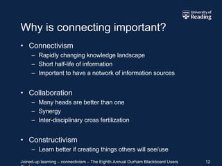 Why is connecting important? Connectivism Rapidly changing knowledge landscape Short half-life of information Important to have a network of information sources Collaboration Many heads are better than one Synergy Inter-disciplinary cross fertilization Constructivism Learn better if creating things others will see/use 