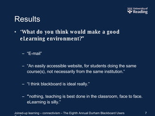 Results “ What do you think would make a good eLearning environment?” “ E-mail” “ An easily accessible website, for students doing the same course(s), not necessarily from the same institution.” “ I think blackboard is ideal really.” “ nothing, teaching is best done in the classroom, face to face. eLearning is silly.” 