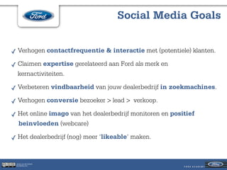 Social Media Goals


✓ Verhogen contactfrequentie & interactie met (potentiele) klanten.

✓ Claimen expertise gerelateerd aan Ford als merk en
  kernactiviteiten.

✓ Verbeteren vindbaarheid van jouw dealerbedrijf in zoekmachines.

✓ Verhogen conversie bezoeker > lead > verkoop.
✓ Het online imago van het dealerbedrijf monitoren en positief
  beinvloeden (webcare)

✓ Het dealerbedrijf (nog) meer ‘likeable’ maken.


 Jeroen van der Schenk
 Socialbites.com
 