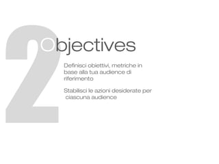 2

Objectives
Definisci obiettivi, metriche in
base alla tua audience di
riferimento
Stabilisci le azioni desiderate per
c...