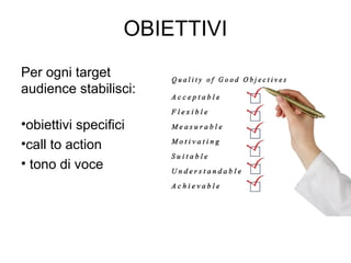 OBIETTIVI
Per ogni target
audience stabilisci:
•obiettivi specifici
•call to action
• tono di voce

 