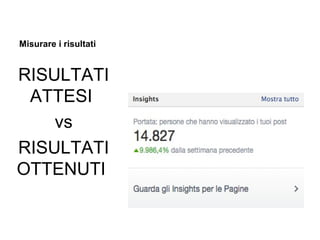 Misurare i risultati

RISULTATI
ATTESI
vs
RISULTATI
OTTENUTI

 