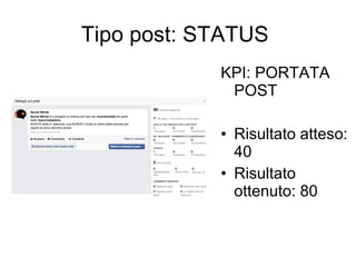 Tipo post: STATUS
KPI: PORTATA
POST
• Risultato atteso:
40
• Risultato
ottenuto: 80

 