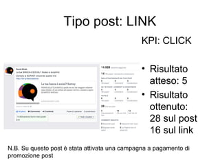 Tipo post: LINK
KPI: CLICK
• Risultato
atteso: 5
• Risultato
ottenuto:
28 sul post
16 sul link
N.B. Su questo post è stata...