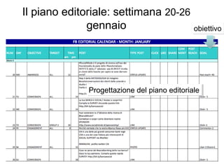 Il piano editoriale: settimana 20-26
gennaio

obiettivo
obiettivo

Progettazione del piano editoriale
Progettazione del pi...