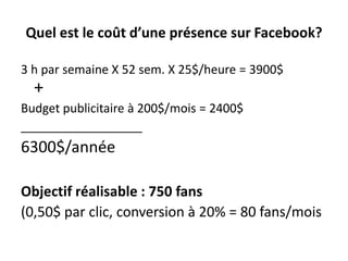 Quel est le coût d’une présence sur Facebook? 3 h par semaine X 52 sem. X 25$/heure = 3900$+Budget publicitaire à 200$/mois = 2400$__________________6300$/annéeObjectifréalisable : 750 fans(0,50$ par clic, conversion à 20% = 80 fans/mois