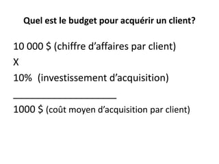 Quel est le budget pour acquérir un client?10 000 $ (chiffre d’affaires par client)X 10%	 (investissement d’acquisition)___________________1000 $ (coût moyen d’acquisition par client)