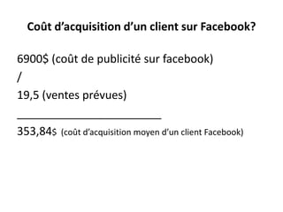 Coûtd’acquisition d’un client surFacebook?6900$ (coût de publicité sur facebook)/19,5 (ventes prévues)_______________________353,84$  (coût d’acquisition moyen d’un client Facebook)