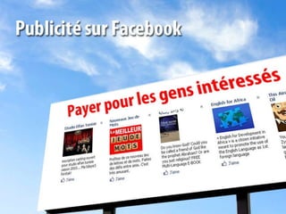 Facebook AdsPermet l’affichage de publicités sans déranger tout le monde.Les gens indiquent ce qu’ils aiment.Les gens indiquent qu’ils aiment votre entreprise.Les publicités sont adaptées selon les profils des gens.