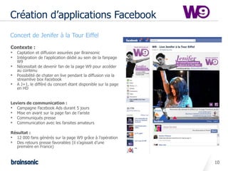 Création d’applications Facebook
• Concert de Jenifer à la Tour Eiffel
   Contexte :
   • Captation et diffusion assurées par Brainsonic
   • Intégration de l’application dédié au sein de la fanpage
       W9
   •   Nécessitait de devenir fan de la page W9 pour accéder
       au contenu
   •   Possibilité de chater en live pendant la diffusion via la
       streamlive box Facebook
   •   A J+1, le différé du concert étant disponible sur la page
       en HD


   Leviers de communication :
   • Campagne Facebook Ads durant 5 jours
   • Mise en avant sur la page fan de l’ariste
   • Communiqués presse
   • Communication avec les fansites amateurs
   Résultat :
   • 12 000 fans générés sur la page W9 grâce à l’opération
   • Des retours presse favorables (il s’agissait d’une
     première en France)


                                                                   10
 