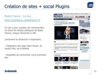 Création de sites + social Plugins

• Radio France : Le live
• http://politique.radiofrance.fr

   Ce site a pour vocation de retransmettre
   en direct les débats politiques de Radio
   France, chaque dimanche à 18h.

   Lancement le dimanche 4 septembre.

   - Intégration des tags Open Graph, du
   bouton like, de la likebox

   - Possibilité de commenter via la comment
   box




                                               23
 