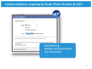 Custom Audience: targeting by Email, Phone Number & UID’s




                          -   Remarketing
                          -   Mailing List Reactivation
                          -   Fan Acquisition
                          -   ….



                                                            26
 