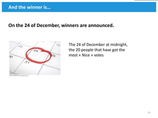 And the winner is…


On the 24 of December, winners are announced.


                         The 24 of December at midnight,
                         the 20 people that have got the
                         most « Nice » votes




                                                           79
 