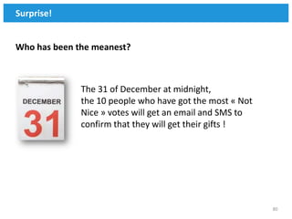 Surprise!


Who has been the meanest?



              The 31 of December at midnight,
              the 10 people who have got the most « Not
              Nice » votes will get an email and SMS to
              confirm that they will get their gifts !




                                                          80
 
