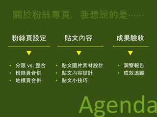 關於粉絲專⾴，我想說的是⋯⋯	
•  貼⽂圖⽚素材設計
•  貼⽂內容設計
•  貼⽂⼩技巧
Agenda
粉絲⾴設定
•  分眾 vs. 整合
•  粉絲⾴合併
•  地標⾴合併
貼⽂內容 成果驗收
•  洞察報告
•  成效追蹤
 