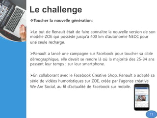 Le challenge
Toucher la nouvelle génération:
Le but de Renault était de faire connaître la nouvelle version de son
modèle ZOE qui possède jusqu’à 400 km d’autonomie NEDC pour
une seule recharge.
Renault a lancé une campagne sur Facebook pour toucher sa cible
démographique, elle devait se rendre là où la majorité des 25-34 ans
passent leur temps : sur leur smartphone.
En collaborant avec le Facebook Creative Shop, Renault a adapté sa
série de vidéos humoristiques sur ZOE, créée par l’agence créative
We Are Social, au fil d’actualité de Facebook sur mobile.
17
 