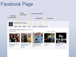 Facebook Page
Brand
information
Multi-media content
Applications
Real-time
conversations
And more...
 