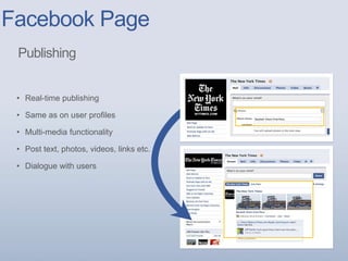 Facebook Page
• Real-time publishing
• Same as on user profiles
• Multi-media functionality
• Post text, photos, videos, links etc.
• Dialogue with users
Publishing
 
