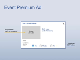 Event Premium Ad
Image links to
event on Facebook
Users can
RSVP in line
Title (25 characters)
Body copy
(135 characters)Image
(110x80)
Date:
Location:
RSVP:
Yes Maybe No
x
 