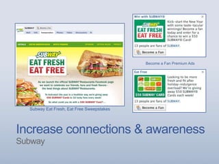 Increase connections & awareness
Subway
Subway Eat Fresh, Eat Free Sweepstakes
Become a Fan Premium Ads
 