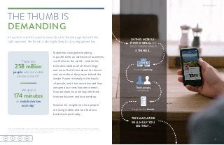 There are
258 million
people who use mobile
phones in the US1
We spend
174 minutes
on mobile devices
each day2
COVER: Facebook internal data, US only, Oct 1, 2014–May 31, 2015. Analysis of conversion pixel and App Events data for ads that were shown to people ages 18+ on Facebook.
The gaming vertical is excluded from this analysis. 1
“Global Mobile Landscape 2015: A Country-by-Country Guide to Mobile Phone and Smartphone Usage” by eMarketer, Jul 2015.
2
“Average Time Spent per Day with Major Media by US Adults” by eMarketer, Oct 2015.
THE THUMB IS
DEMANDING
Know the journey.
Think people,
not devices.
Design for the thumb.
Mobile has changed everything.
A pocket knife, an extension of ourselves,
our lifeline to the world—mobile has
been described as all of these things
and more. But it’s less about the device
and more about the person behind the
device. Power is literally in the hands
of people, and it has revolutionized how
we spend our time, how we connect,
how we share, how we stay informed,
how we discover and how we shop.
Read on for insights into how people
are using mobile, and turn that into
business impact today.
It’s quick to scroll. It’s quick to close. Quick to flip the page. But with the
right approach, the thumb is also highly likely to stop, engage and buy.
IN THIS MOBILE-
FIRST WORLD, WE
MUST REMEMBER
3 THINGS…
THIS MAGAZINE
WILL HELP YOU
DO THAT…
3
 