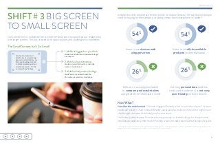Our connection to mobile devices is more personal and constant than our relationship
with larger screens. This has created both opportunities and challenges for marketers.
Despite this shift, people face friction points on mobile devices. The top reasons people
cited for buying on their desktop or laptop versus their smartphone or tablet?2
Easier to use devices with
a bigger screen
Easier to see all the available
products on desktop/laptop
Difficult on a smartphone/tablet
to compare products/retailers
and get all of the information I need
Entering personal data (address,
credit card number, etc.) is not very
user friendly on these devices
54%
54%
26% 26%
SHIFT # 3 BIG SCREEN
TO SMALL SCREEN
1. Mobile is bigger than you think
Mobile screens held close are perceived as larger
than they are.1
2. Mobile is less distracting
People are more attentive when consuming
media on mobile devices.1
3. Mobile elicits positive feelings
People feel more positively toward the
information presented on a smartphone.1
1
“Neuro Mobile” by SalesBrain (study of US adults commissioned by Facebook), May 2015. 2
“Omni-channel Shoppers” by GfK, US only (Facebook-commissioned online study of 2,407
people ages 18+ who have researched online and bought 1 of 5 key categories in last 3 months), Sep 2015.
Facebook commissioned
SalesBrain, a neuromarketing
agency, to understand how our
brain and physiology respond
to identical media viewed on a
smartphone versus a TV.1
We
uncovered 3 key findings:
Now What?
Consider the mobile mind. The brain engages differently when on a mobile versus a TV screen;
people are locked in. Treat mobile differently, just as people’s brains do. It should no longer be an
afterthought—because it’s definitely not for consumers.
The friction points that arise from this are an opportunity for brand building—for disruption that
improves user experience. With the shift from big screens to small screens, rewrite the rules of success.
The Small Screen Isn’t So Small
9
 