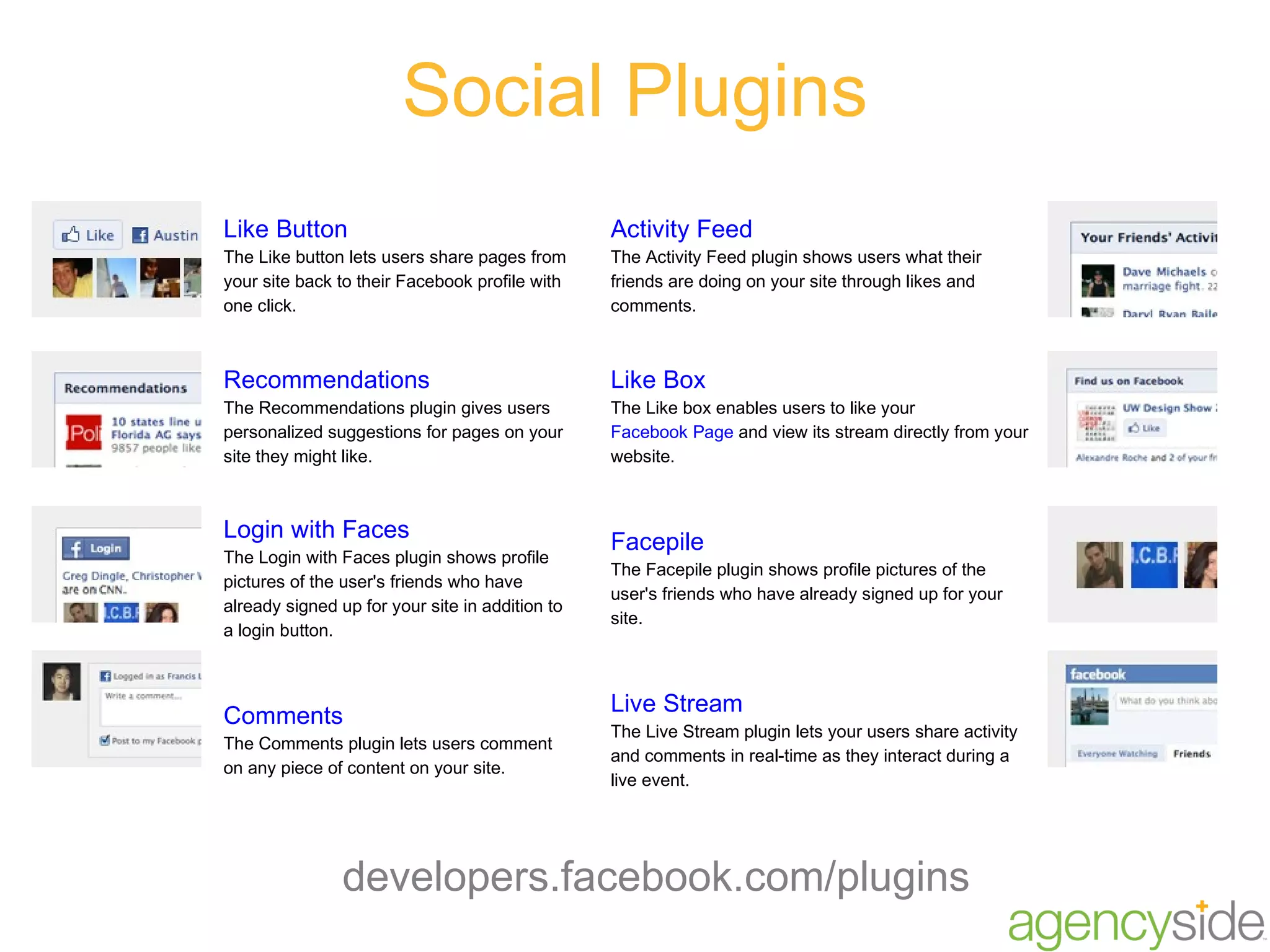 Social Plugins developers.facebook.com/plugins Like Button The Like button lets users share pages from your site back to their Facebook profile with one click. Activity Feed The Activity Feed plugin shows users what their friends are doing on your site through likes and comments. Recommendations The Recommendations plugin gives users personalized suggestions for pages on your site they might like. Like Box The Like box enables users to like your  Facebook Page  and view its stream directly from your website. Login with Faces The Login with Faces plugin shows profile pictures of the user's friends who have already signed up for your site in addition to a login button. Facepile The Facepile plugin shows profile pictures of the user's friends who have already signed up for your site. Comments The Comments plugin lets users comment on any piece of content on your site. Live Stream The Live Stream plugin lets your users share activity and comments in real-time as they interact during a live event. 