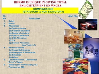 COMPENSATION
                      (STATUTORY & NON-STATUTORY)
SL.                                                 Amt. (Rs.)
No.                          Particulars
1.      Salary
2.      Bonus
3.      Allowances :
        (a) Soft furnishing
        (b) Children Education
        (c) Basket of cafeteria
        (d) Special Allowance
        (e) UMA Allowance
        (f) D.A.
        (g) Servant Allowance
                       Sub Total (1-3)
4.      Reimbursements :
        (a) House Maintenance
        (b) Newspaper & Periodicals
        (c) Education
        (d) Others
5.      Car Maintenance / Conveyance
      - Driver's Wages
6.    - Medical (one month salary p.a.)
      - Premium for GMI
 