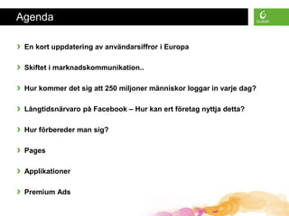 Agenda
› En kort uppdatering av användarsiffror i Europa
› Skiftet i marknadskommunikation..
› Hur kommer det sig att 250 miljoner människor loggar in varje dag?
› Långtidsnärvaro på Facebook – Hur kan ert företag nyttja detta?
› Hur förbereder man sig?
› Pages
› Applikationer
› Premium Ads
 