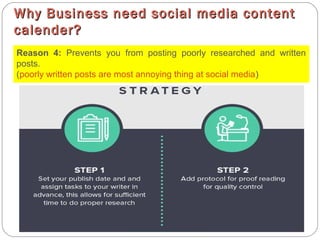 Why Business need social media contentWhy Business need social media content
calender?calender?
Reason 4: Prevents you from posting poorly researched and written
posts.
(poorly written posts are most annoying thing at social media)
 