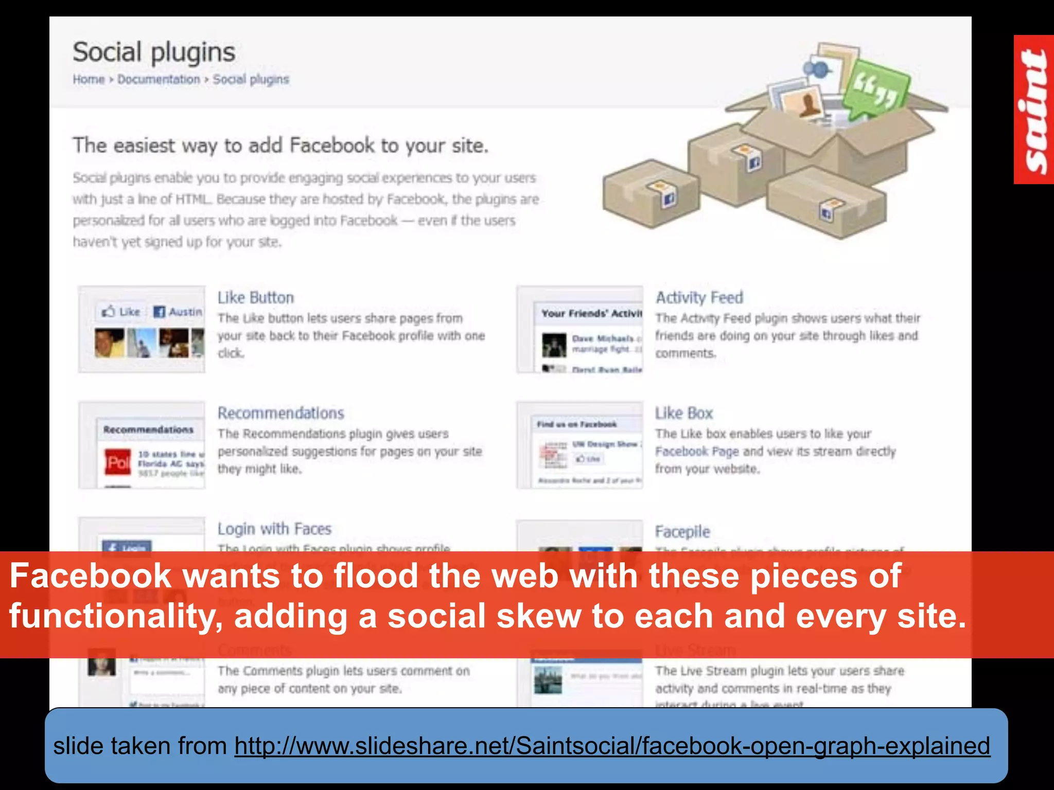 Facebook wants to flood the web with these pieces of
functionality, adding a social skew to each and every site.


  slide taken from http://www.slideshare.net/Saintsocial/facebook-open-graph-explained
 