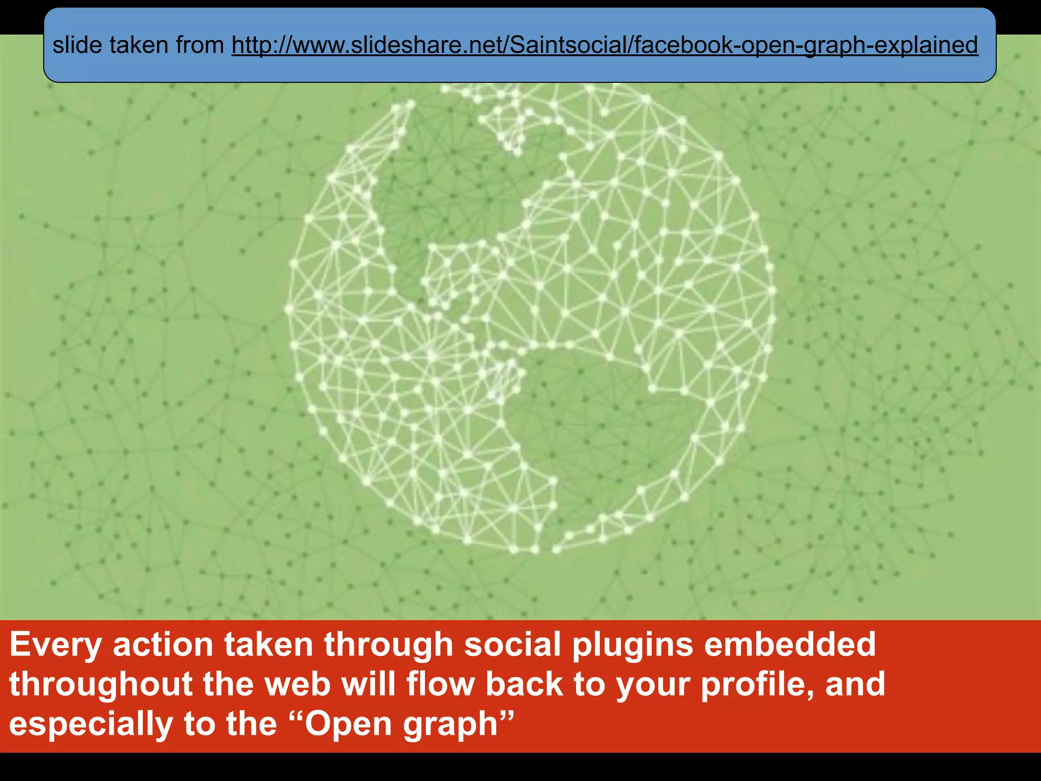 slide taken from http://www.slideshare.net/Saintsocial/facebook-open-graph-explained




Every action taken through social plugins embedded
throughout the web will flow back to your profile, and
especially to the “Open graph”
 