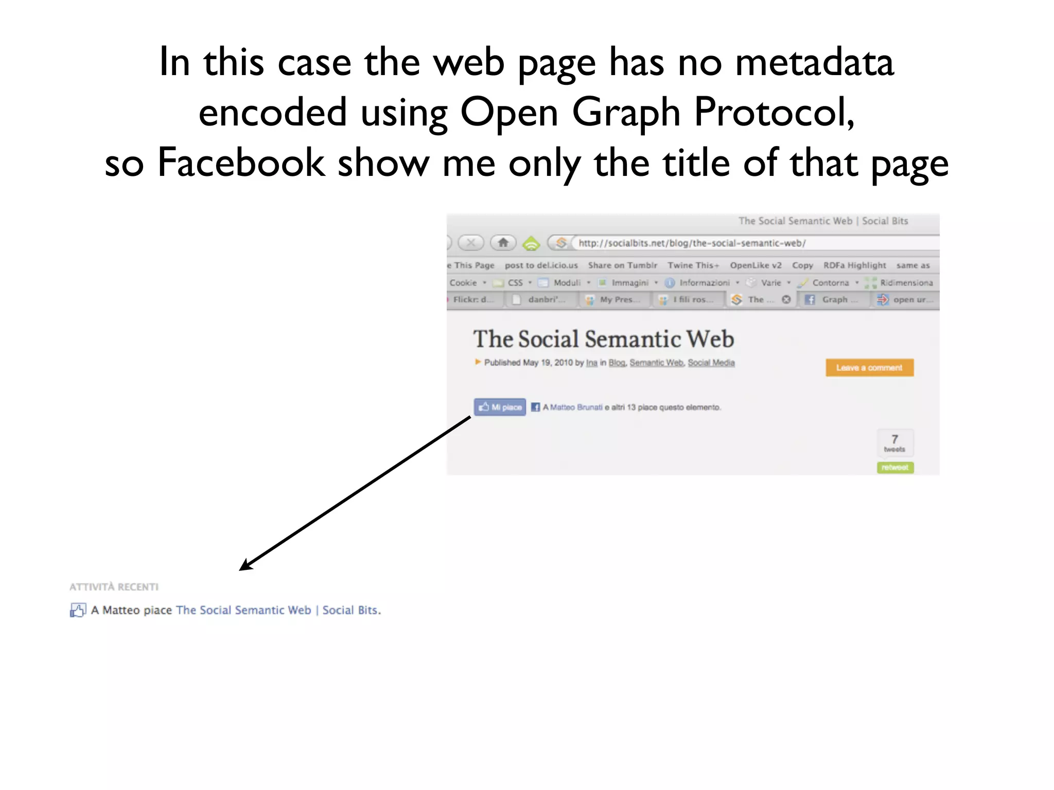 If the web page has no metadata
   encoded using Open Graph Protocol,
Facebook show me only the title of that page
 