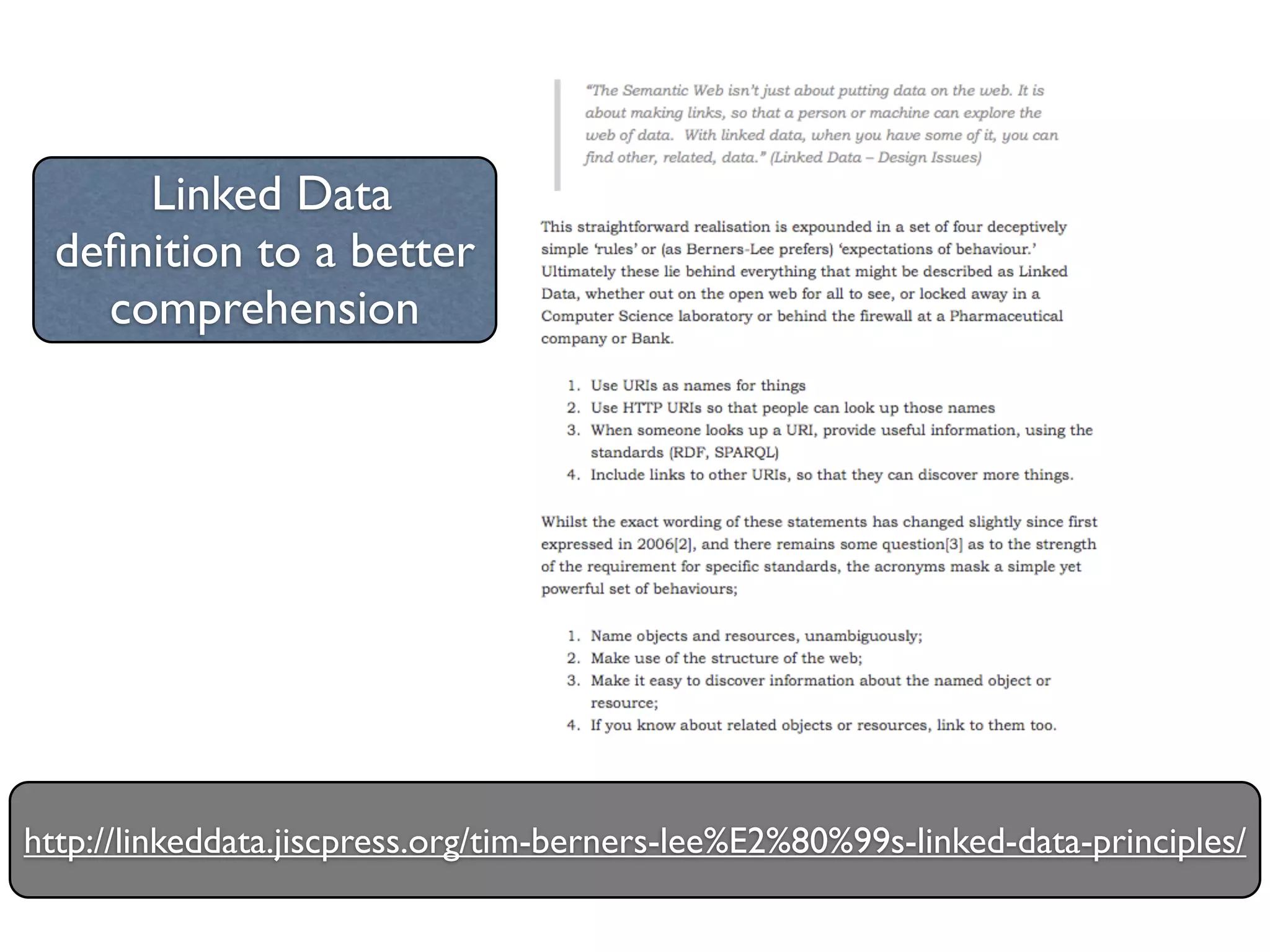 Linked Data
  deﬁnition to a better
    comprehension




http://linkeddata.jiscpress.org/tim-berners-lee%E2%80%99s-linked-data-principles/
 