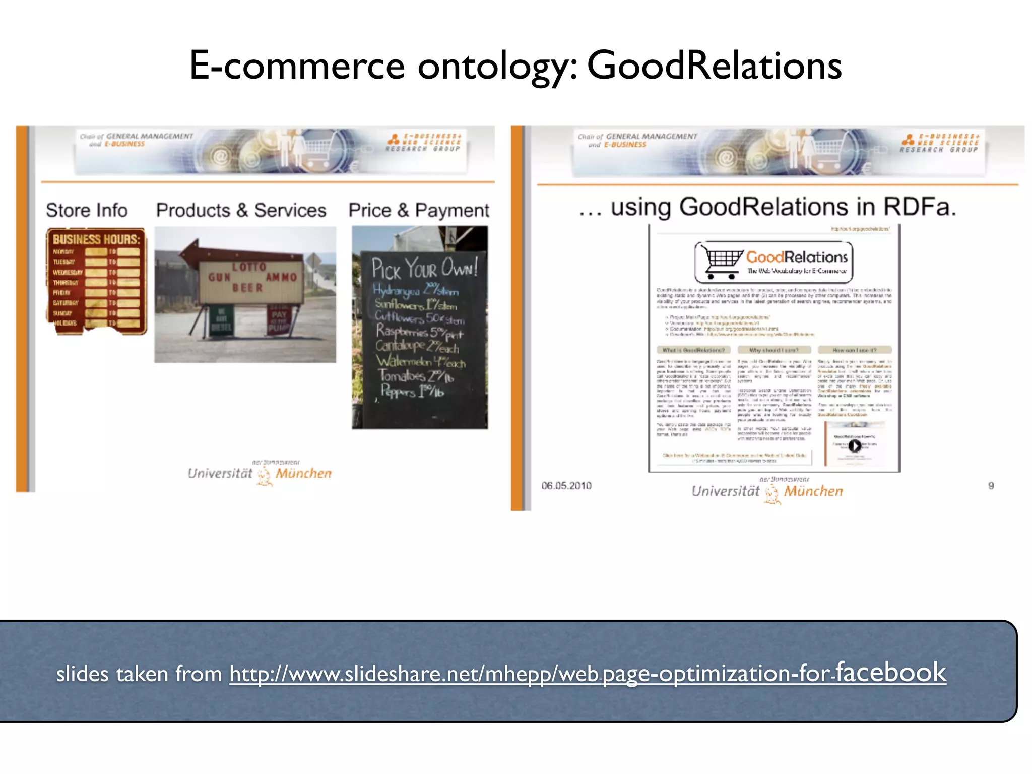 E-commerce ontology: GoodRelations




slides taken from http://www.slideshare.net/mhepp/web-page-optimization-for-facebook
 