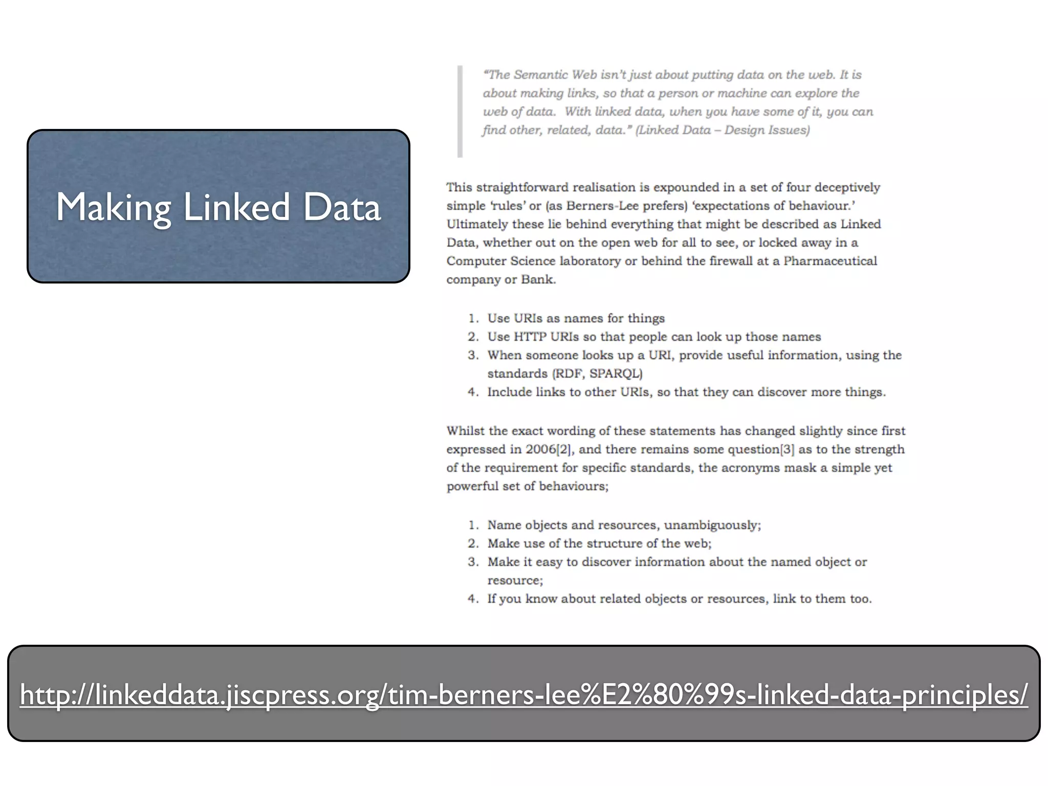 Making Linked Data




http://linkeddata.jiscpress.org/tim-berners-lee%E2%80%99s-linked-data-principles/
 