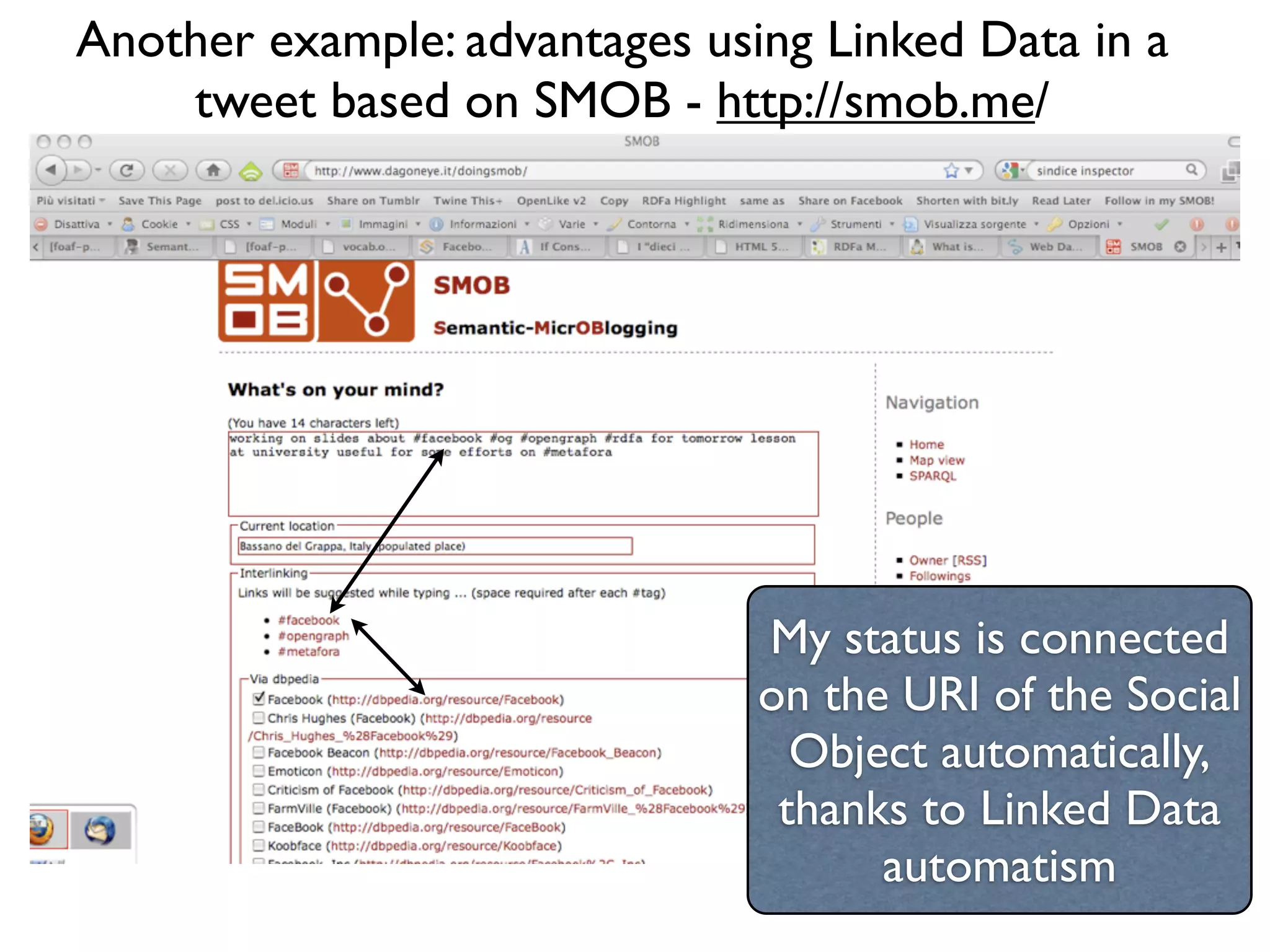Another example: advantages using Linked Data in a
    tweet based on SMOB - http://smob.me/




                               My status is connected
                               on the URI of the Social
                                 Object automatically,
                                thanks to Linked Data
                                     automatism
 
