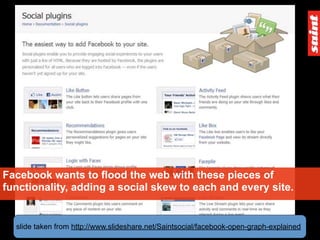 Facebook wants to flood the web with these pieces of
functionality, adding a social skew to each and every site.


  slide taken from http://www.slideshare.net/Saintsocial/facebook-open-graph-explained
 