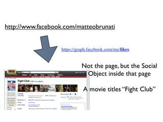 http://www.facebook.com/matteobrunati


                   https://graph.facebook.com/me/likes


                             Not the page, but the Social
                              Object inside that page

                              A movie titles “Fight Club”
 